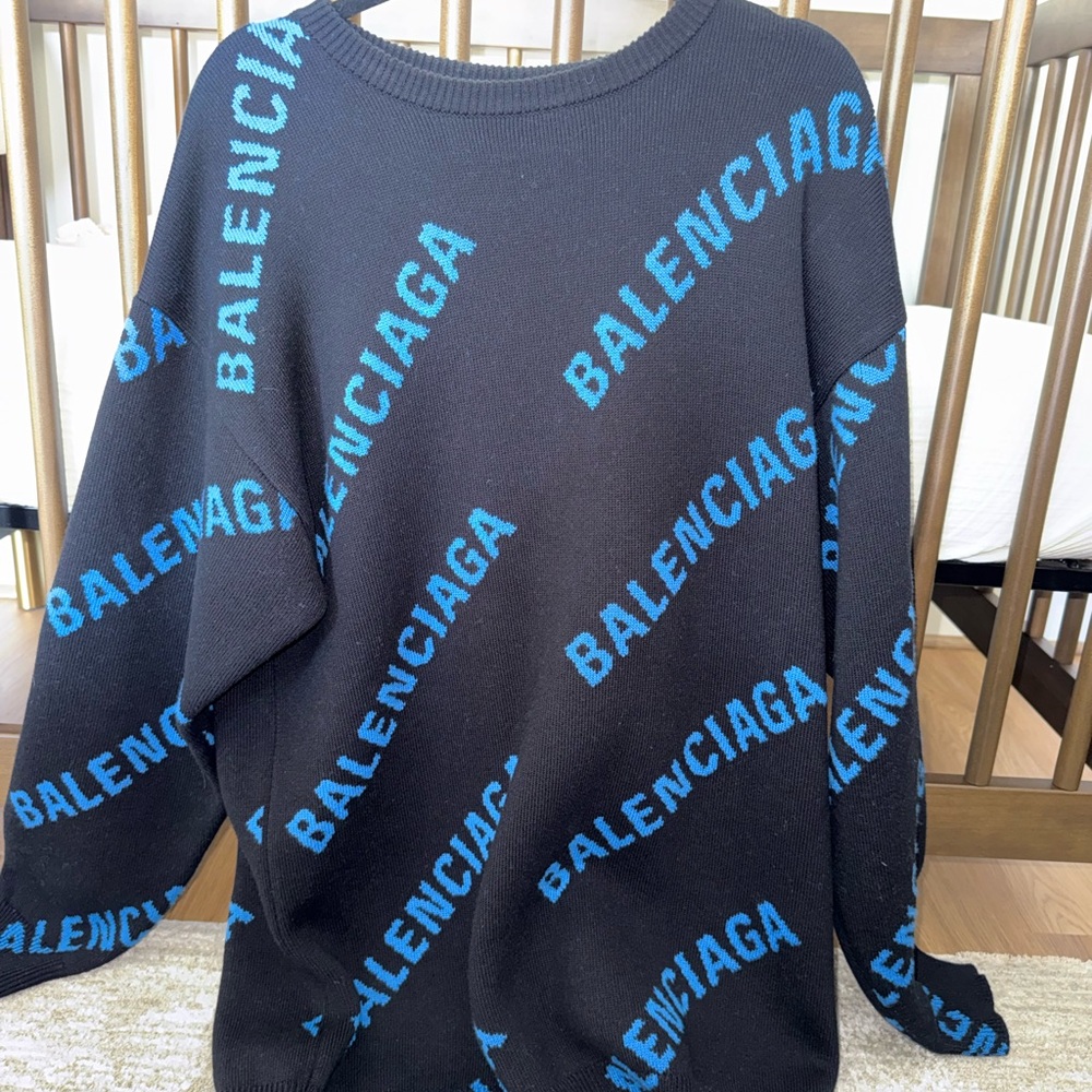 Balenciaga Oversized Black Sweater with Blue Logo